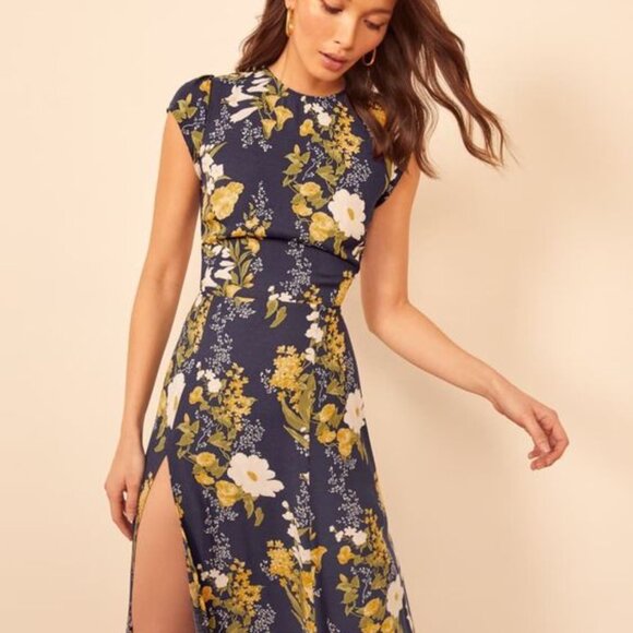Commense Dresses & Skirts - Commense Floral Midi Dress - Navy and Yellow